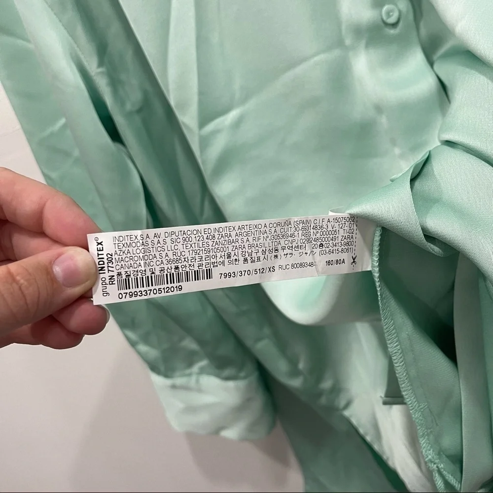 Zara Satin Effect Oversized Shirt Green Button Front XS